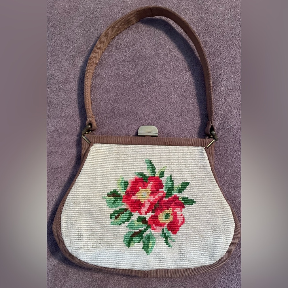 Vintage Floral Embroidered Brown and Cream Handbag - Picture 3 of 16